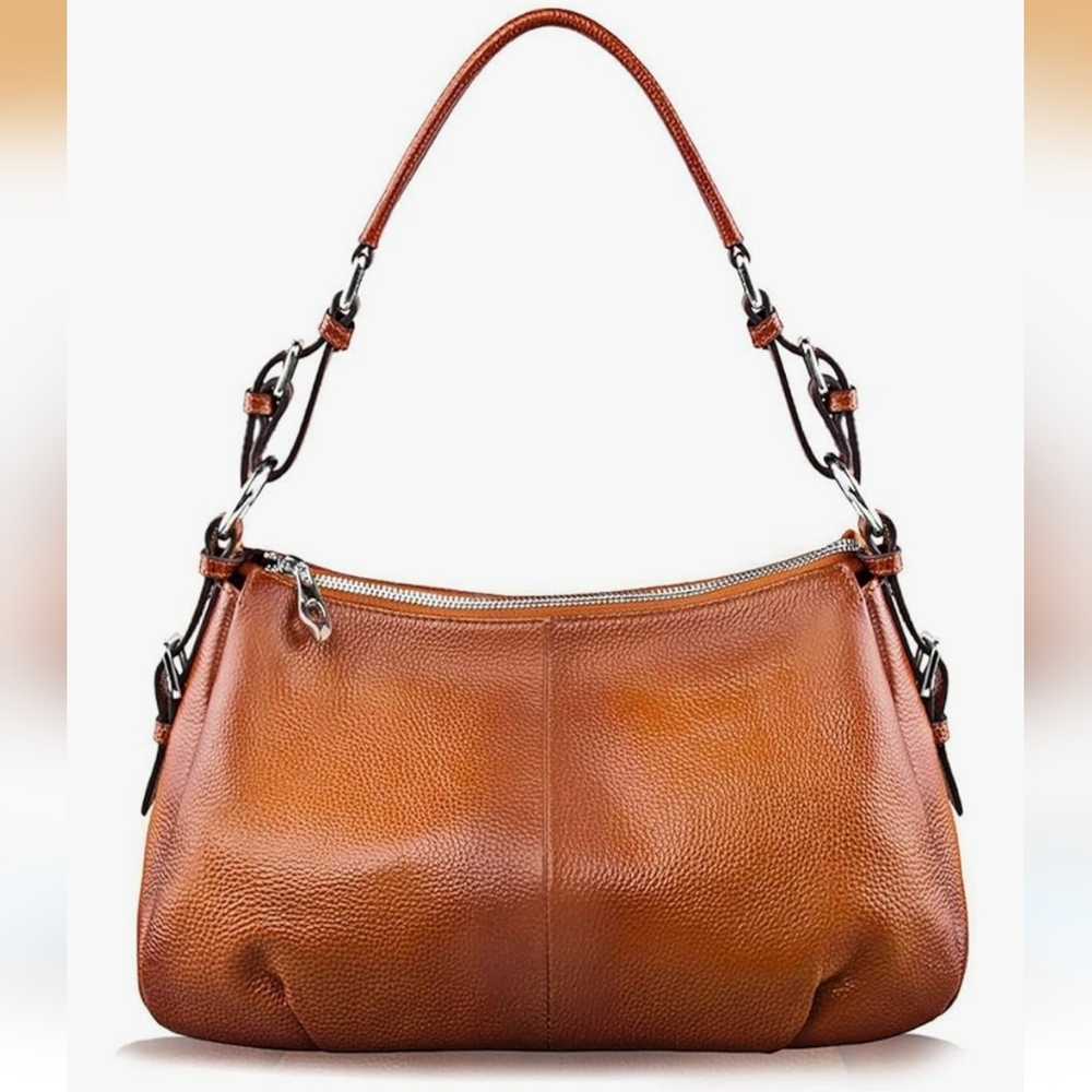 Pebbled Leather Hobo Shoulder Bag in Cognac Brown